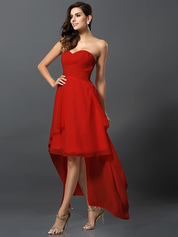 Gorgeous Sweetheart Pleats Sleeveless High Low Chiffon Bridesmaid Dresses