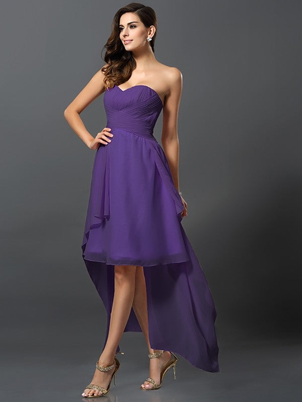 Gorgeous Sweetheart Pleats Sleeveless High Low Chiffon Bridesmaid Dresses