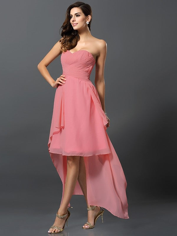 Gorgeous Sweetheart Pleats Sleeveless High Low Chiffon Bridesmaid Dresses