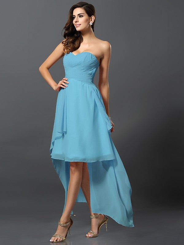 Gorgeous Sweetheart Pleats Sleeveless High Low Chiffon Bridesmaid Dresses