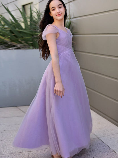 Gorgeous Tulle Ruched V-neck Short Sleeves Junior/Girls Bridesmaid Dresses