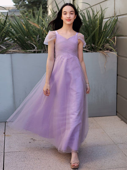 Gorgeous Tulle Ruched V-neck Short Sleeves Junior/Girls Bridesmaid Dresses