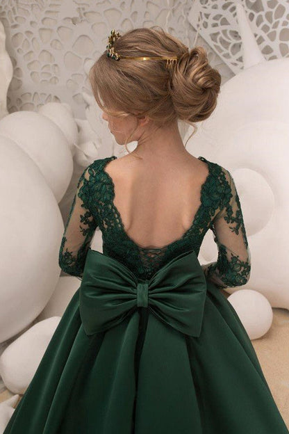 Green Jewel Lace Backless Bowtie Long Sleeves Floor Length Girl Party  Flower Girl Dresses