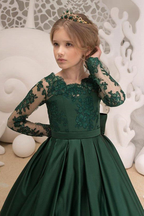 Green Jewel Lace Backless Bowtie Long Sleeves Floor Length Girl Party  Flower Girl Dresses