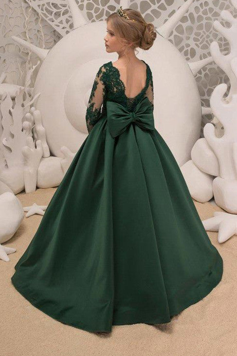 Green Jewel Lace Backless Bowtie Long Sleeves Floor Length Girl Party  Flower Girl Dresses