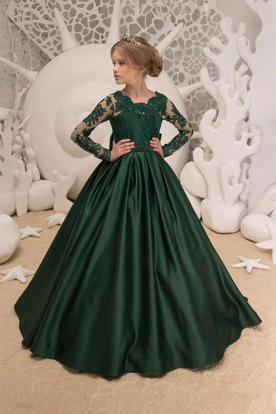 Green Jewel Lace Backless Bowtie Long Sleeves Floor Length Girl Party  Flower Girl Dresses