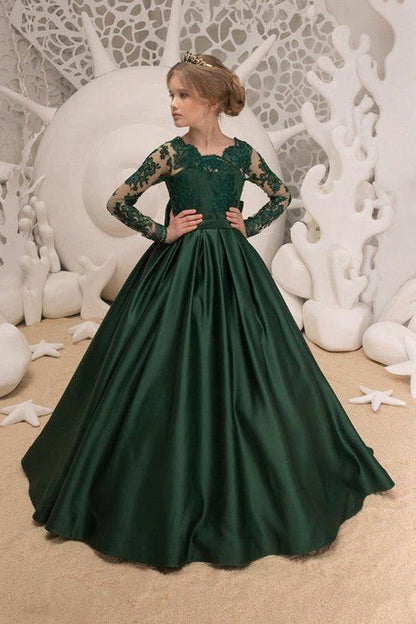 Green Jewel Lace Backless Bowtie Long Sleeves Floor Length Girl Party  Flower Girl Dresses