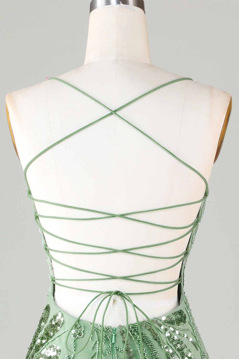 Green Sparkly Sheath Spaghetti Strap Homecoming Dress with Criss Cross Back