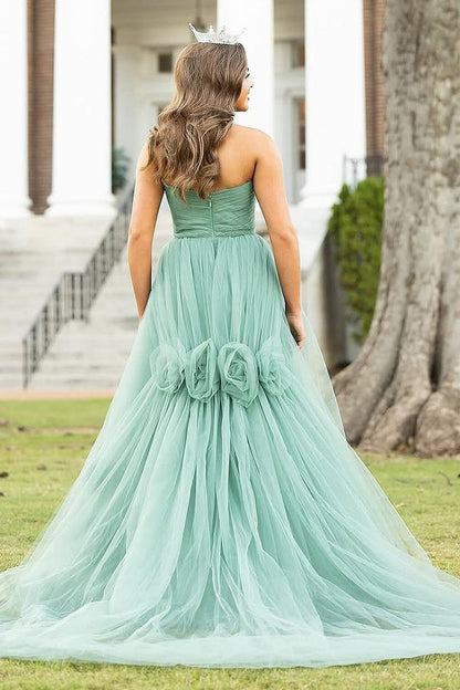 Green Strapless A-Line Tulle Long Prom Dresses