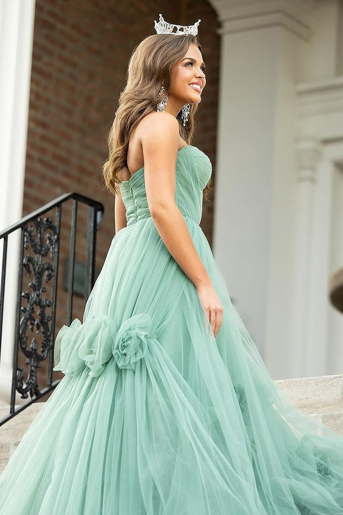 Green Strapless A-Line Tulle Long Prom Dresses