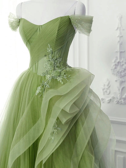 Saflor | Green A-Line Off Shoulder Long Prom Dress Lace Long Evening Dress