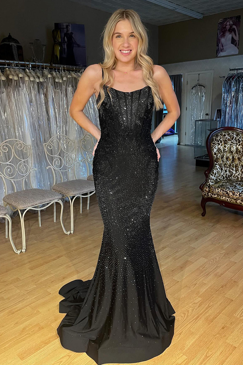 Hadley | Black Scoop Neck Mermaid Prom Dresses With Beading