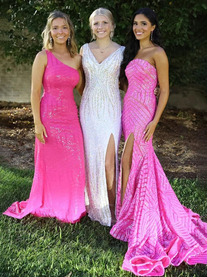 Halcyon | Mermaid Hot Pink Sequins Strapless Prom Dresses with Slit