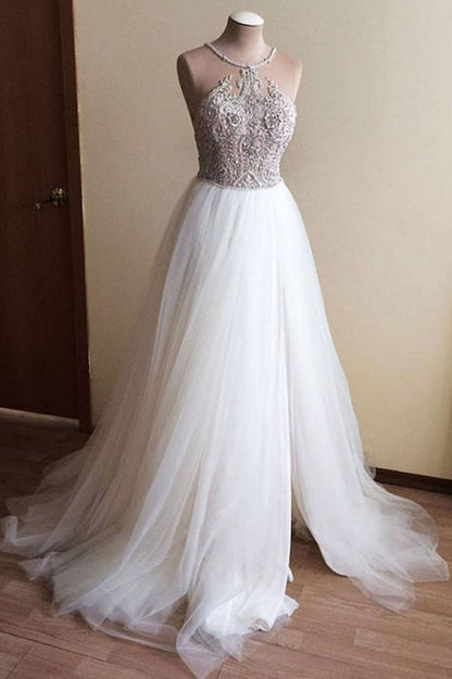 Halter Illusion neck High split A line Tulle Princess Wedding Dress