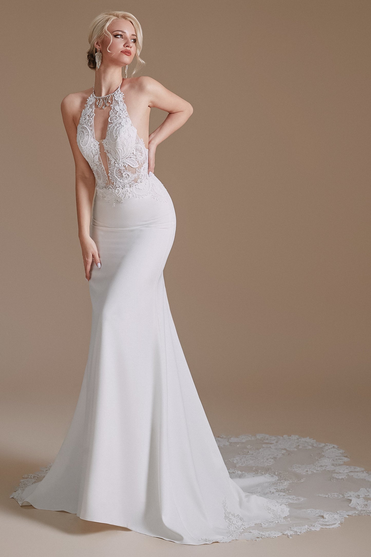 Halter Lace Applique Mermaid Wedding Dress | Ballbella Design