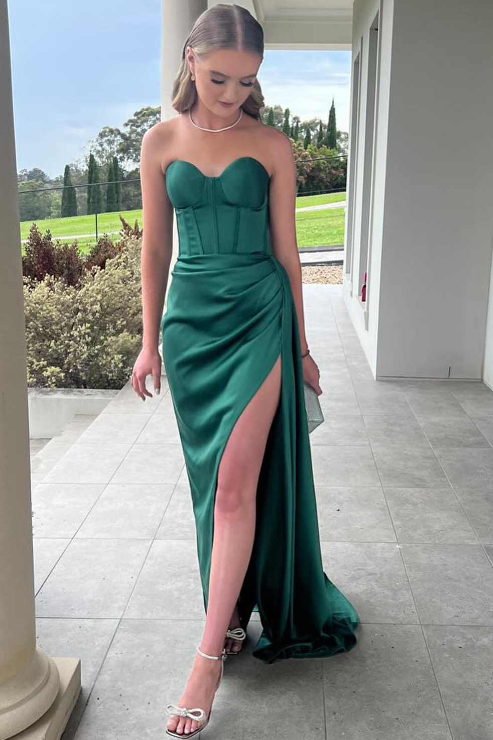 Harriet | Mermaid Strapless Sweetheart Pleated High Slit Satin Long Prom Dress