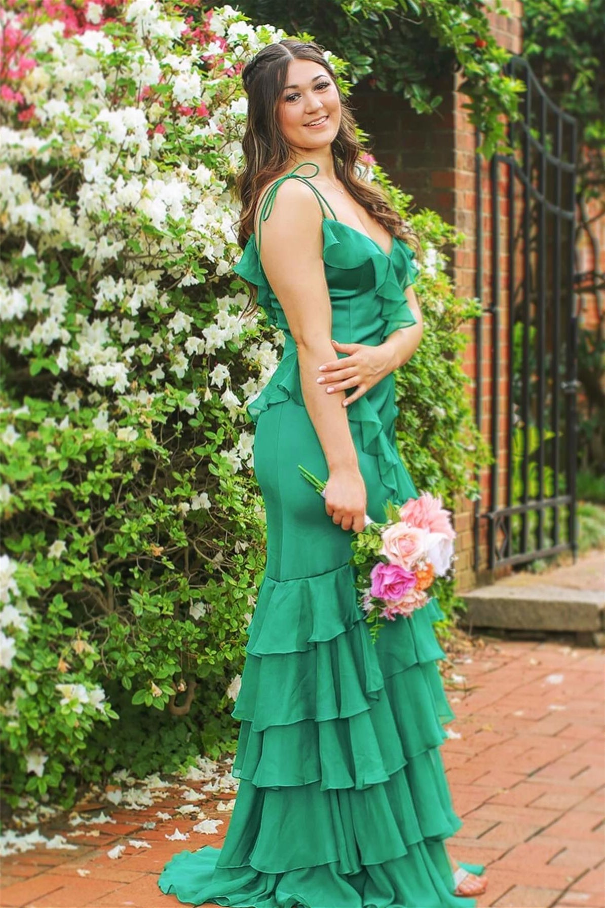 Hartlyn | Tie Shoulder Red Mermaid Ruffle Tiered Long Prom Dress with Slit