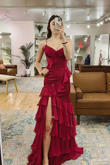 Hartlyn | Tie Shoulder Red Mermaid Ruffle Tiered Long Prom Dress with Slit