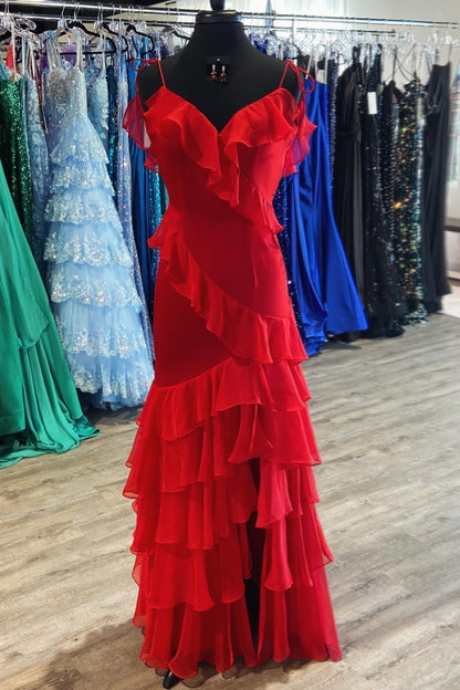 Hartlyn | Tie Shoulder Red Mermaid Ruffle Tiered Long Prom Dress with Slit