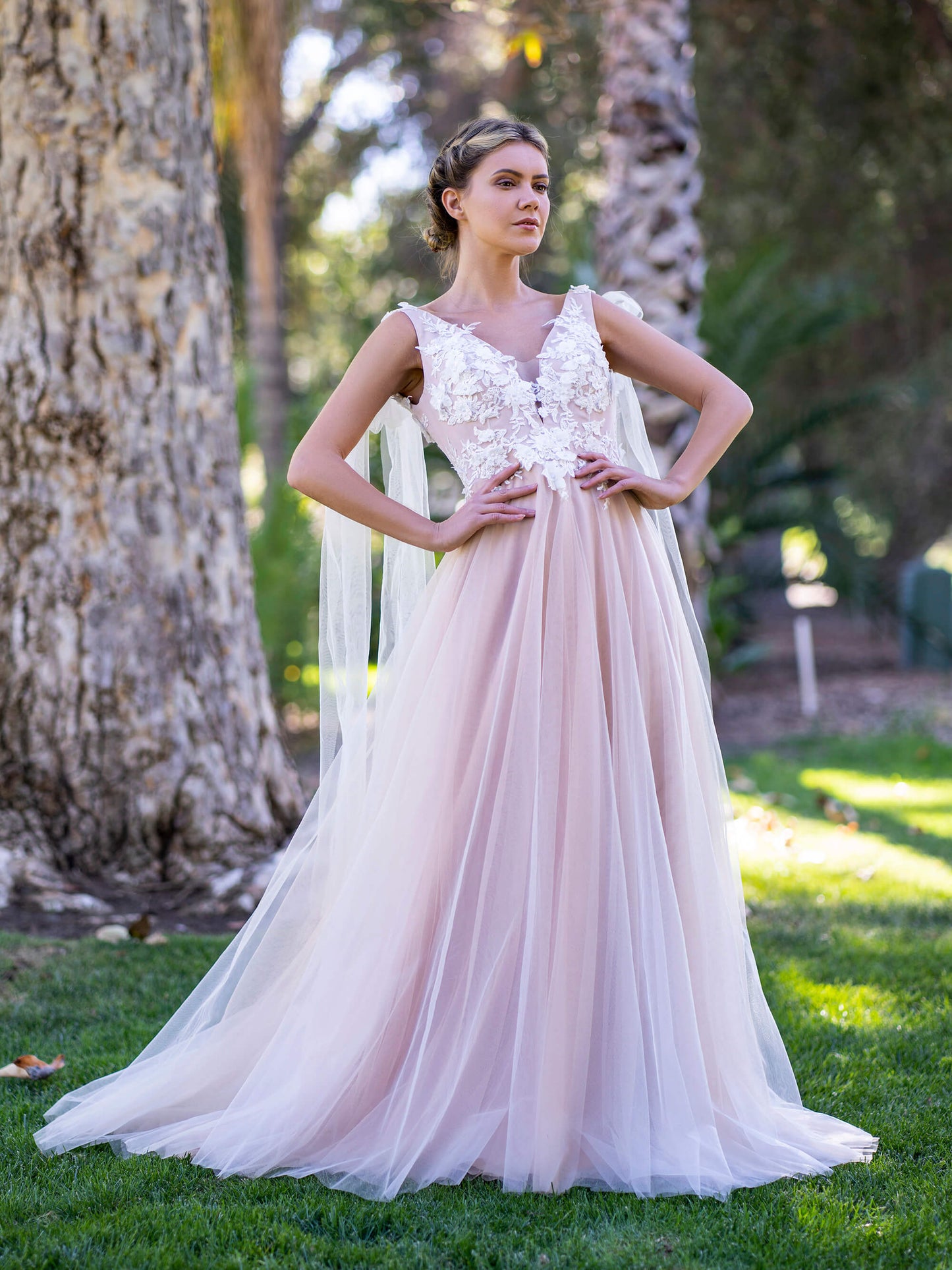 V-neck Lace Tulle Bow Straps Sweep Train Prom Dress