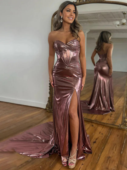 Hedda | Mermaid Sweetheart Strapless Metallic Empire Prom Dress With Side Slit