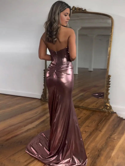 Hedda | Mermaid Sweetheart Strapless Metallic Empire Prom Dress With Side Slit