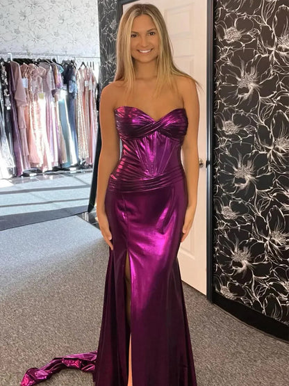 Hedda | Mermaid Sweetheart Strapless Metallic Empire Prom Dress With Side Slit