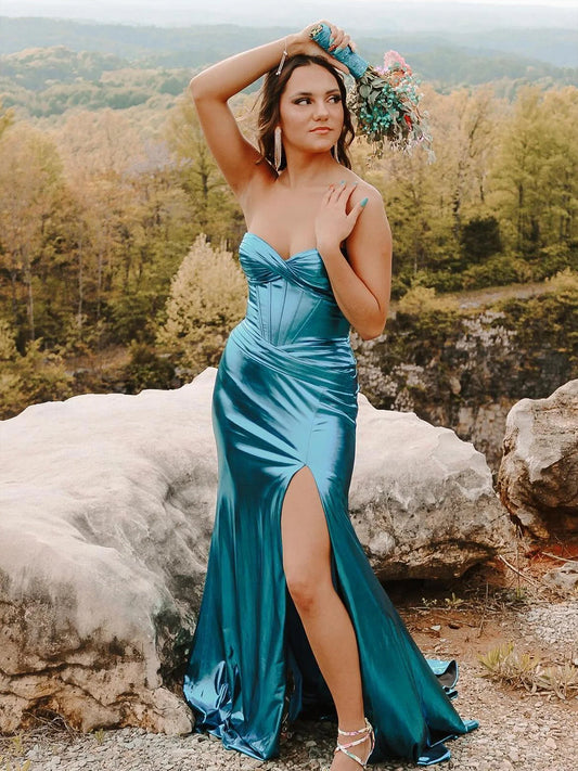 Hedda | Mermaid Sweetheart Strapless Metallic Empire Prom Dress With Side Slit