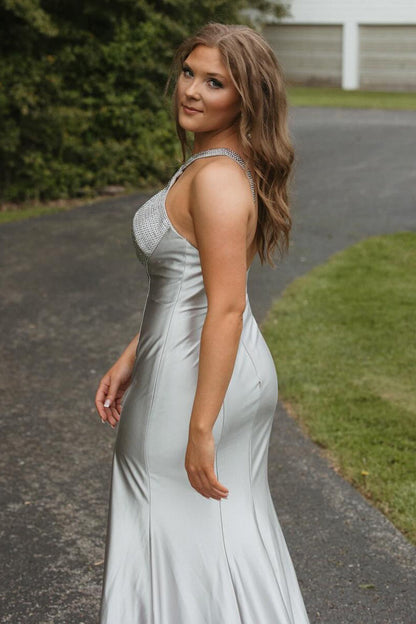 Hedy | Silver Halter Mermaid Satin Beaded Prom Dress With Split