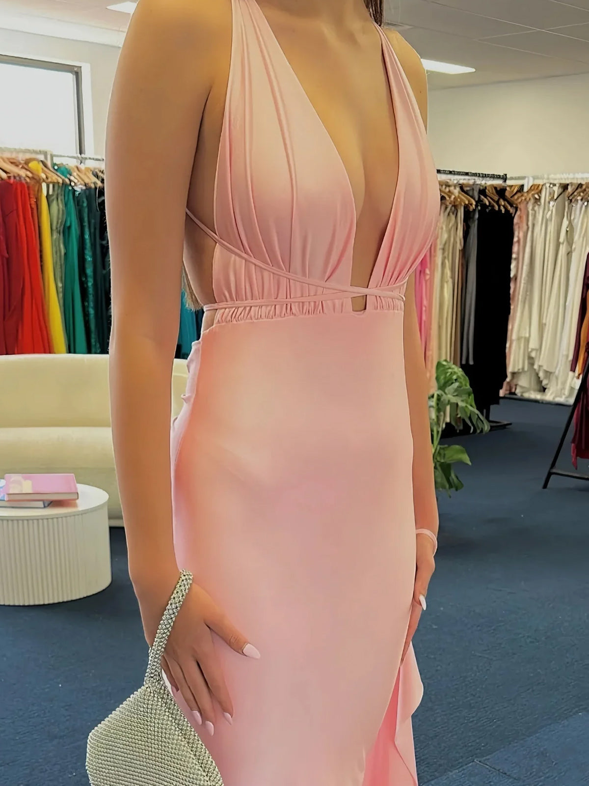 Helaina | Plunge Neck Light Pink Mermaid Satin Long Prom Dress