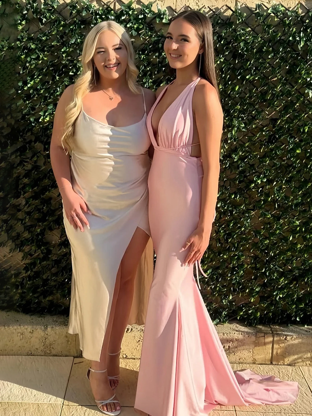 Helaina | Plunge Neck Light Pink Mermaid Satin Long Prom Dress