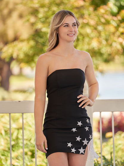 Helene |Sheath Black Strapless Satin Homecoming Dress With Star