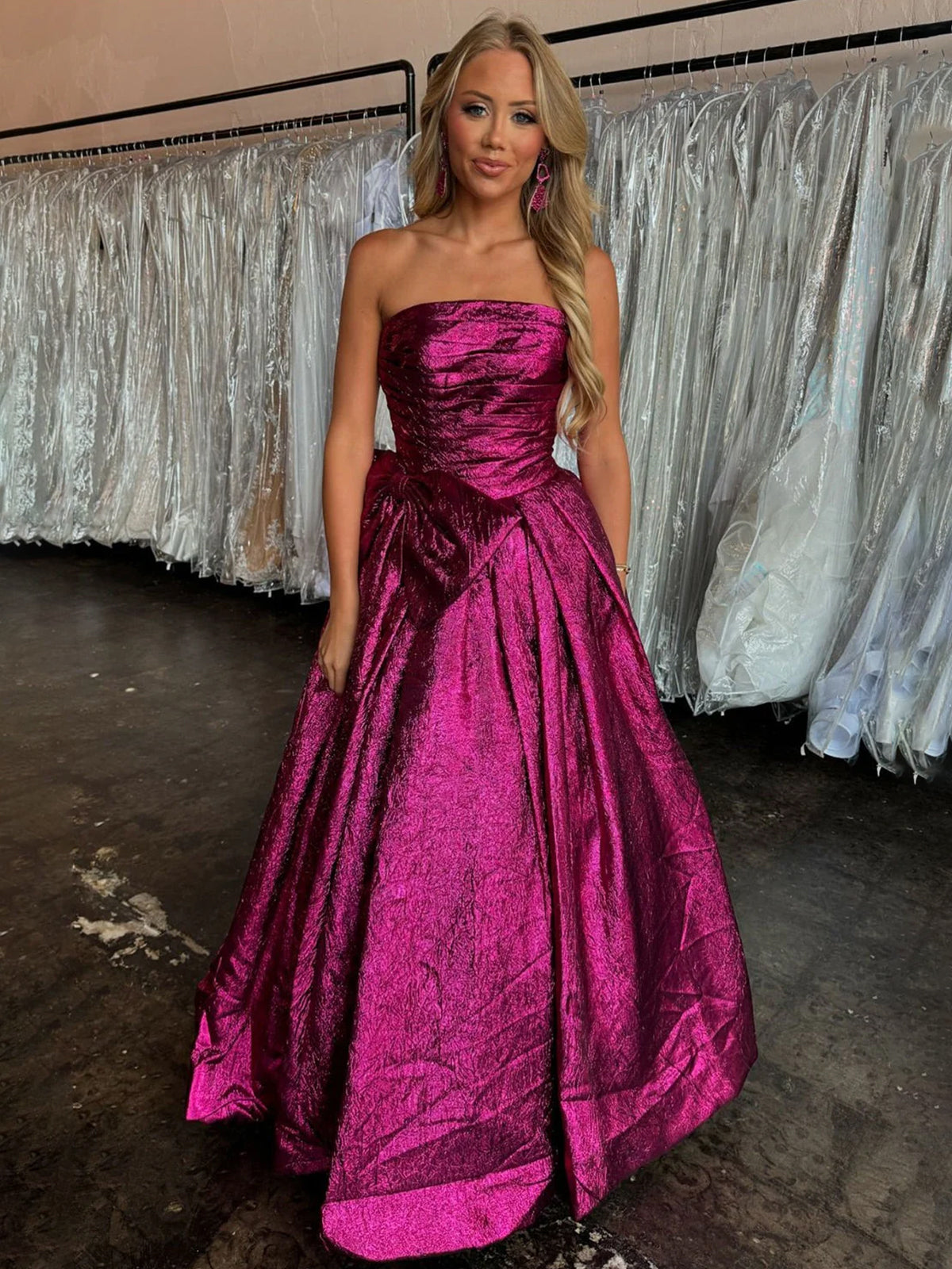 Heloise | Fuchsia Strapless A-Line Long Prom Dress With Bow