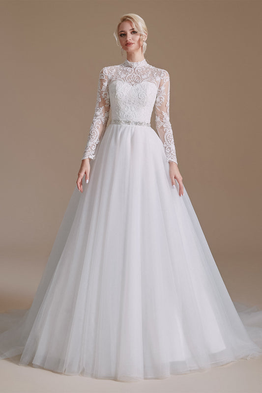 High Collar Lace Applique Long Sleeves Floor Length Wedding Dress | Ballbella Design