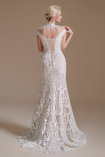 High Collar Lace Long Cap Sleeves Mermaid Wedding Dress | Ballbella Design