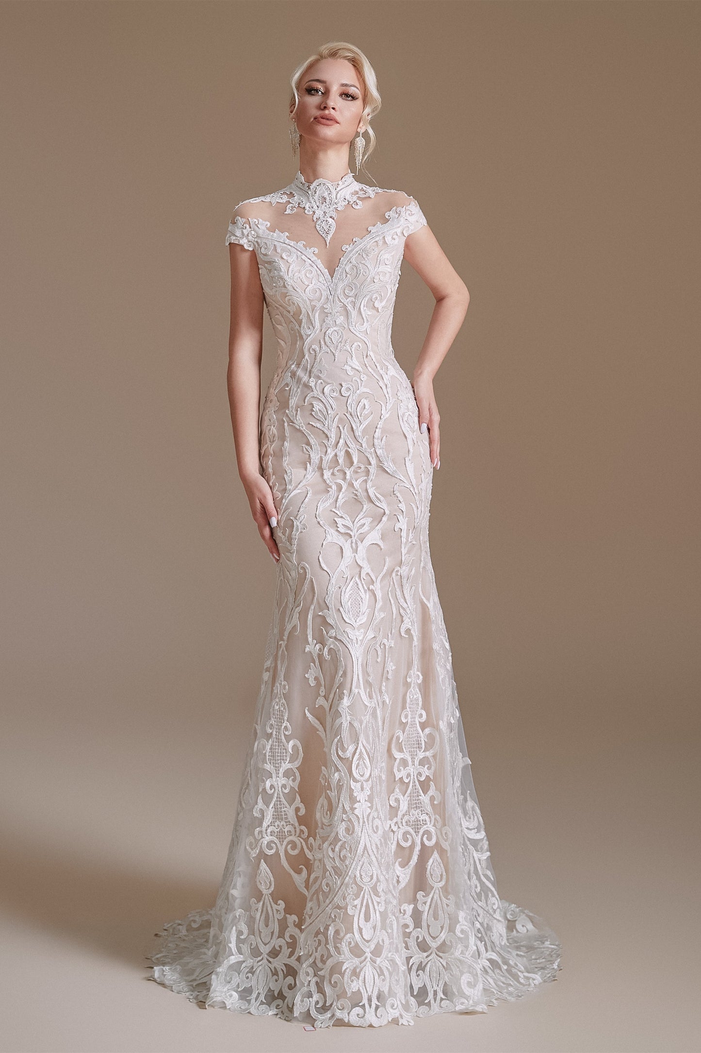 High Collar Lace Long Cap Sleeves Mermaid Wedding Dress | Ballbella Design