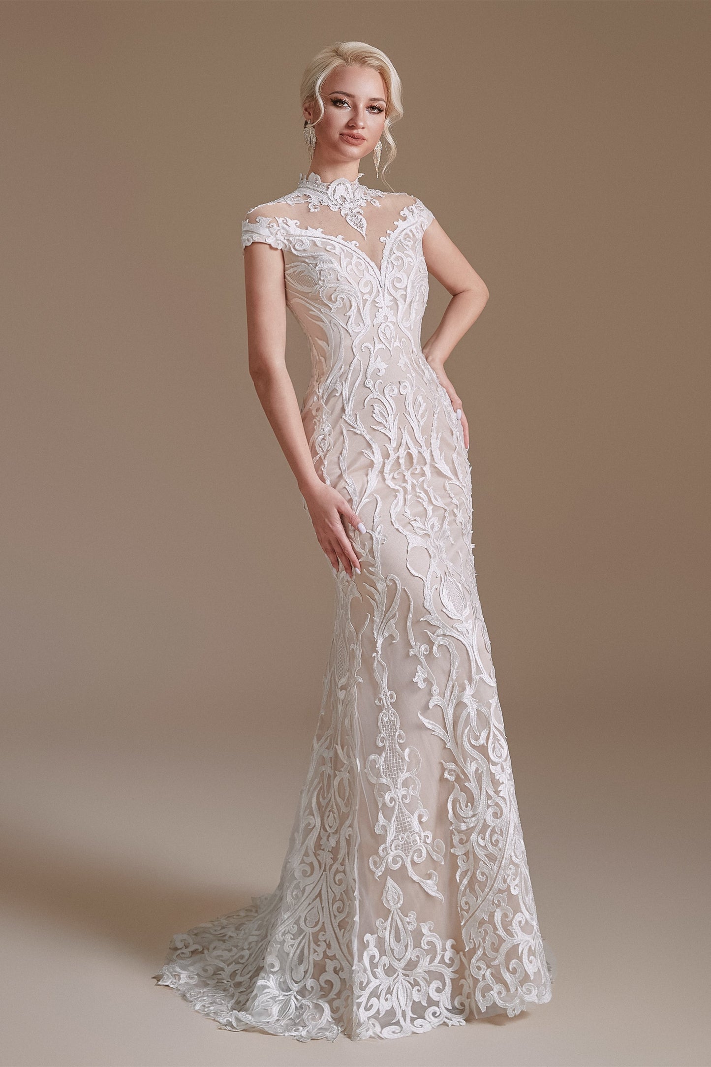 High Collar Lace Long Cap Sleeves Mermaid Wedding Dress | Ballbella Design