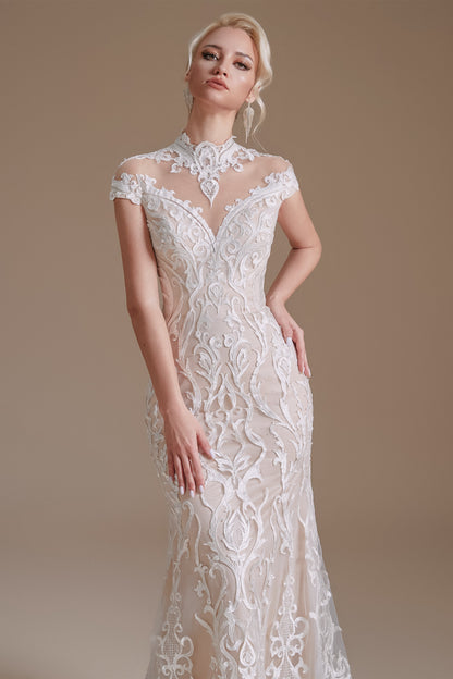 High Collar Lace Long Cap Sleeves Mermaid Wedding Dress | Ballbella Design