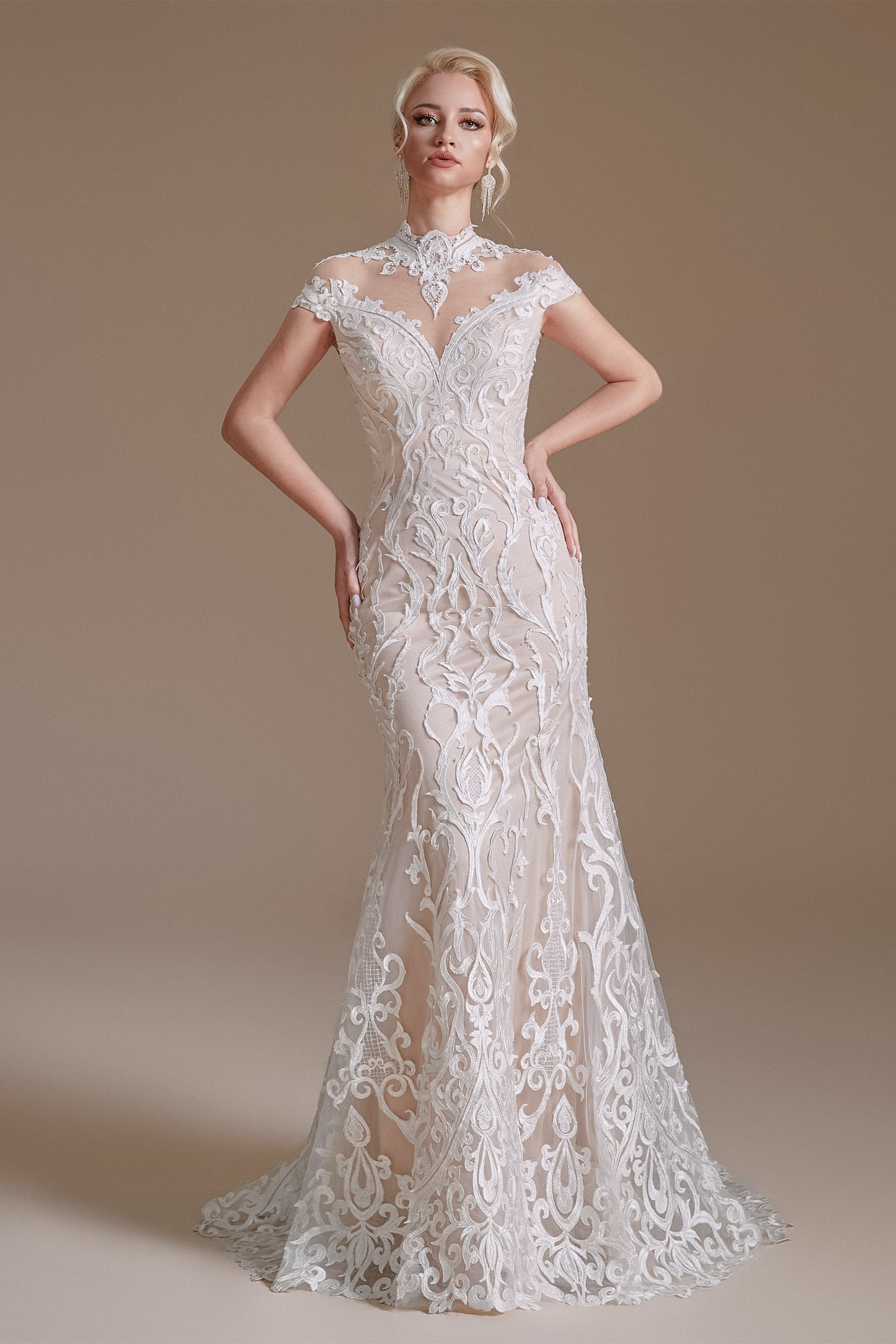 High Collar Lace Long Cap Sleeves Mermaid Wedding Dress | Ballbella Design