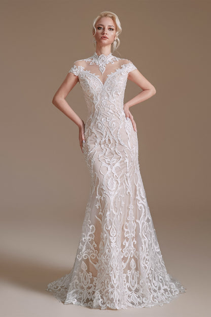 High Collar Lace Long Cap Sleeves Mermaid Wedding Dress | Ballbella Design