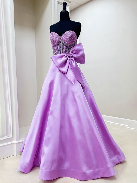 Hindreen | A-Line Sweetheart Lilac Beaded  Long Prom Dresses With Bow