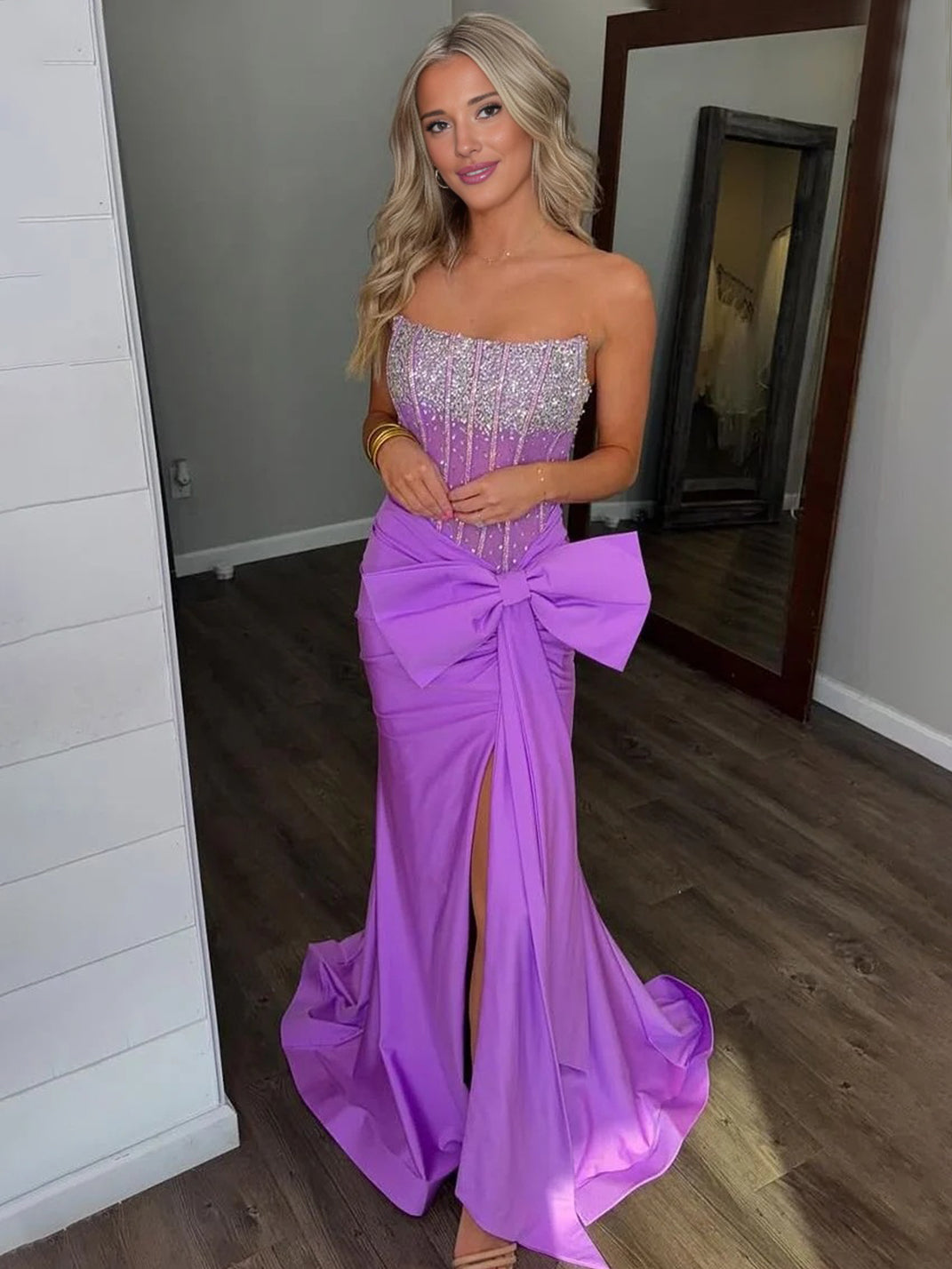 Homer | Split Strapless Mermaid Corset Prom Dresses with Side Bowknot