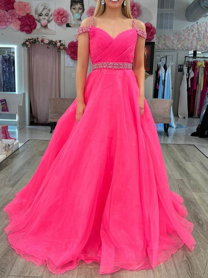 Hot Pink Beaded Cold-Shoulder A-Line Prom Dress