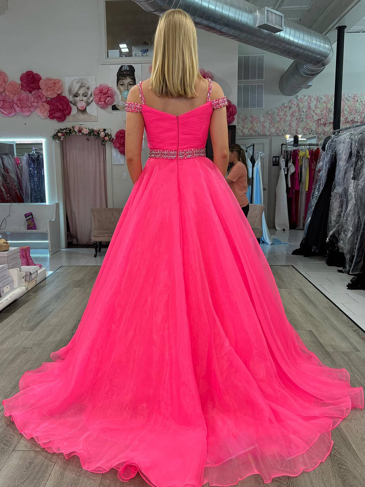 Hot Pink Beaded Cold-Shoulder A-Line Prom Dress