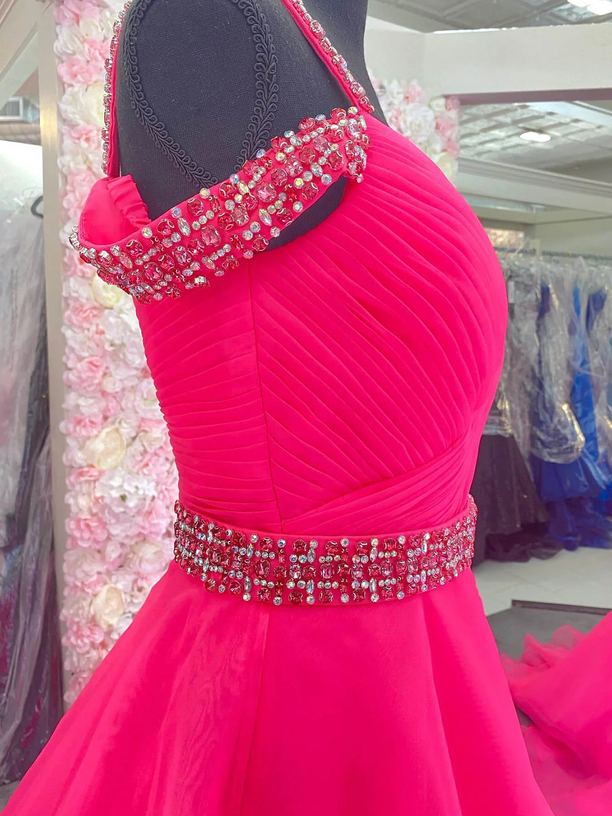 Hot Pink Beaded Cold-Shoulder A-Line Prom Dress