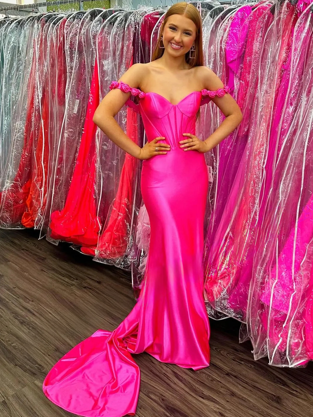 Persephone | Hot Pink Floral Straps Mermaid Satin Long Prom Dress