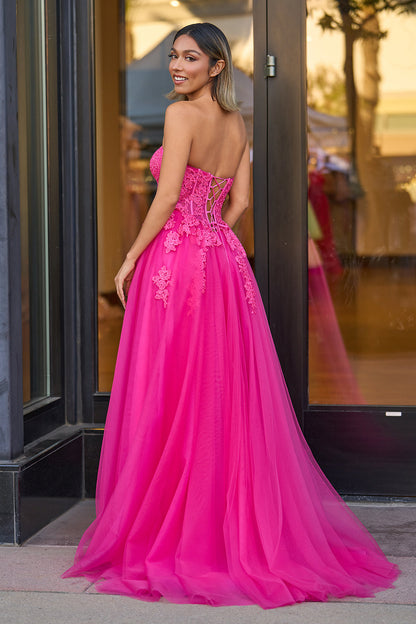 Amora |A-Line Hot Pink Tulle Lace StraplessLong Prom Dress