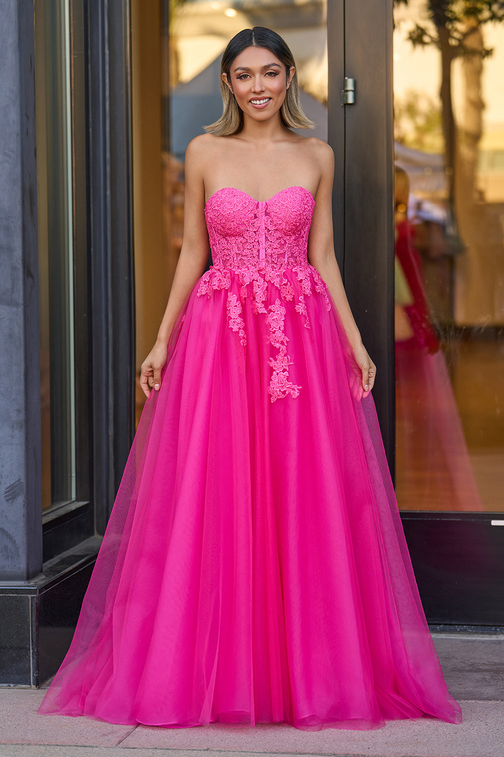 Amora |A-Line Hot Pink Tulle Lace StraplessLong Prom Dress