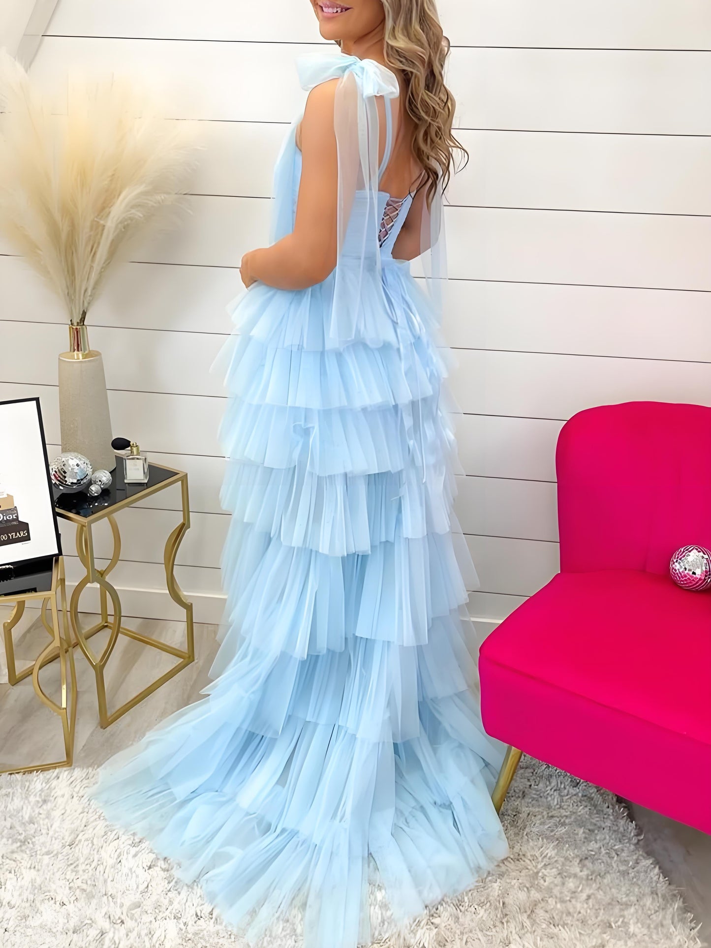 Houda | Light Blue Pleated Ruffle Prom Dress with Bow Tie Straps