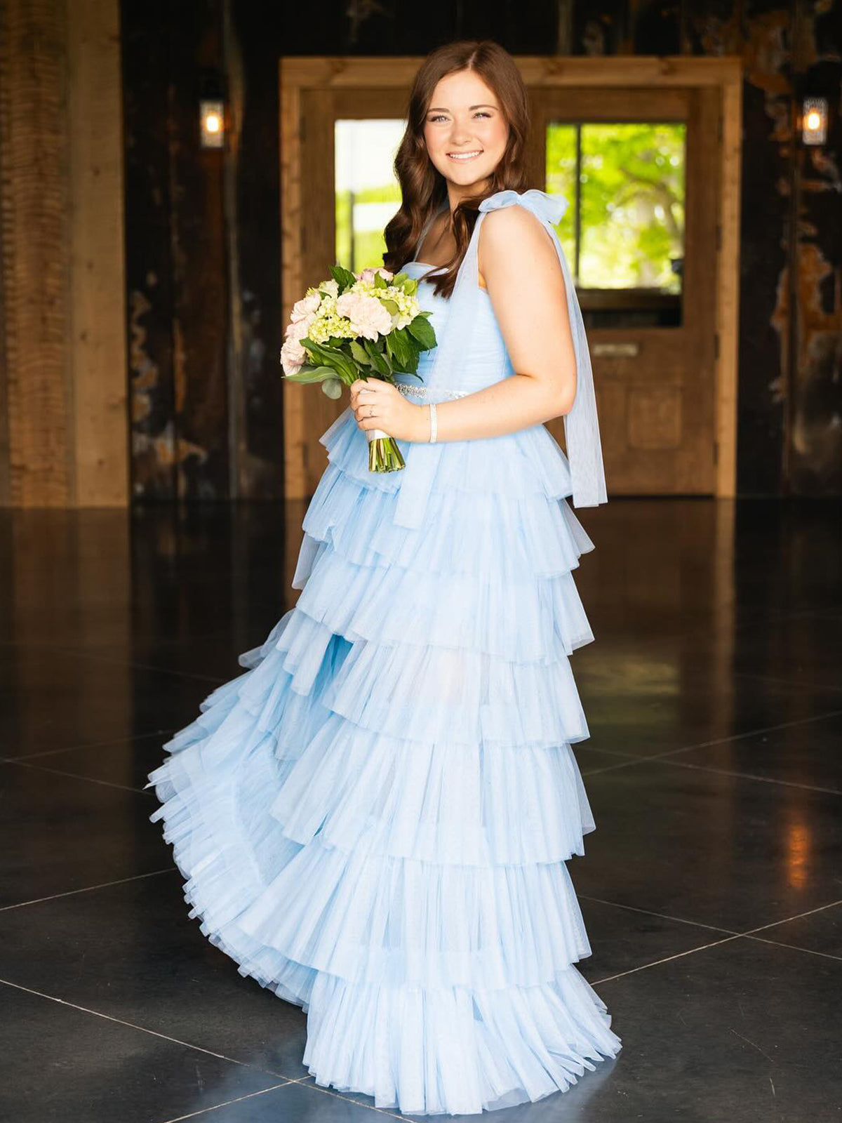 Houda | Light Blue Pleated Ruffle Prom Dress with Bow Tie Straps